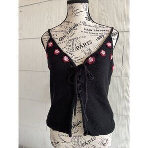 Cute Crocheted Boho Tank Top Black w/Flowers Laces Up Front - Women’s M (MM)